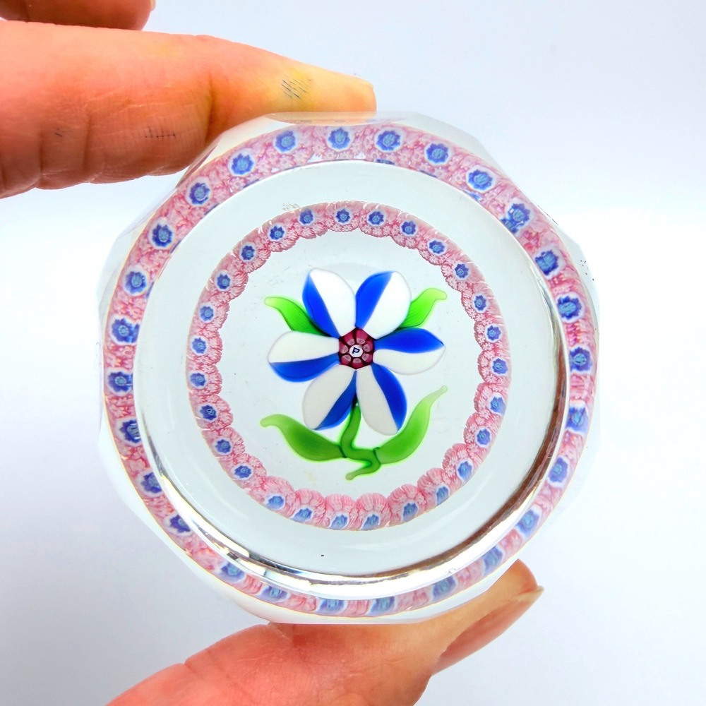 Perthshire Paperweight D-2-E Glass Flower Pink Blue Millefiori Vintage Scotland